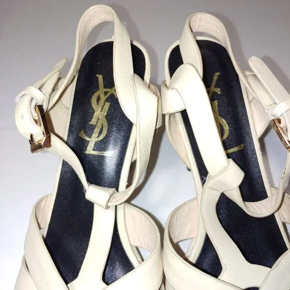 SAINT LAURENT Tribute Platform Sandals in Smooth Leather Cream Size 39 - Picture 4 of 15